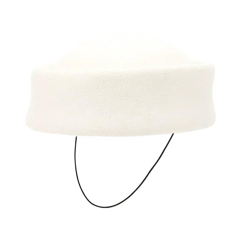 Winter New French Vintage Round Top 100% Wool Fedoras Hat Wedding Church Party Pillbox Caps Warm Women Hard Top Felt Berets Hat
