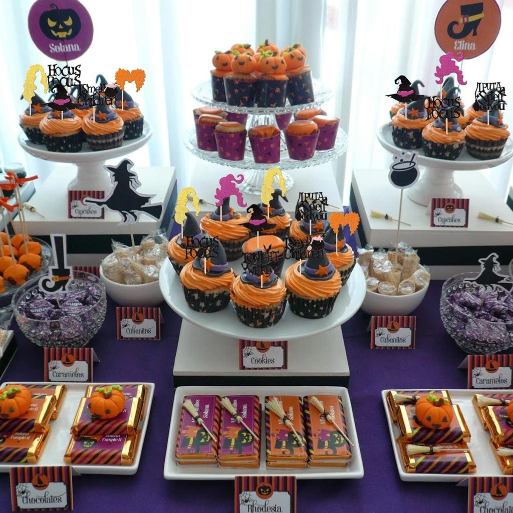 Glitter Witch Hair Hat Halloween Cupcake Toppers Cake Decorations for Hocus Pocus Theme Birthday Party Cake Decorations