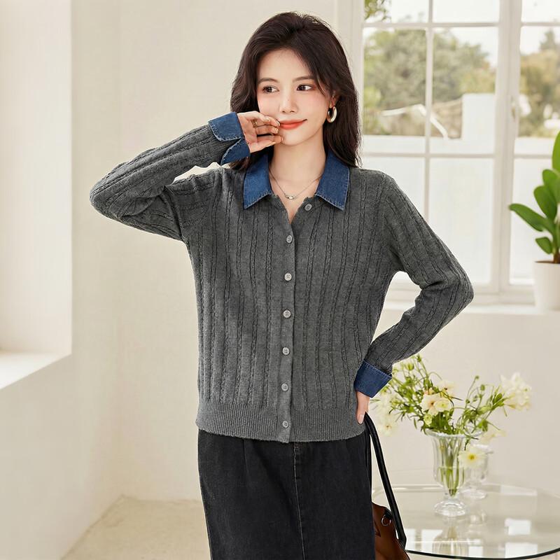 Women s Lapel Faux Two-Piece Knit Cardigan M