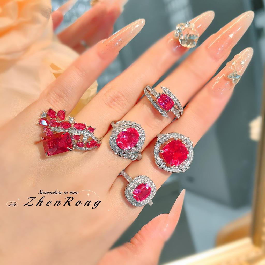 Simple Daily Travel Red Corundum Ring Light Luxury Niche Design Simulation High Carbon Diamond Engagement Ring