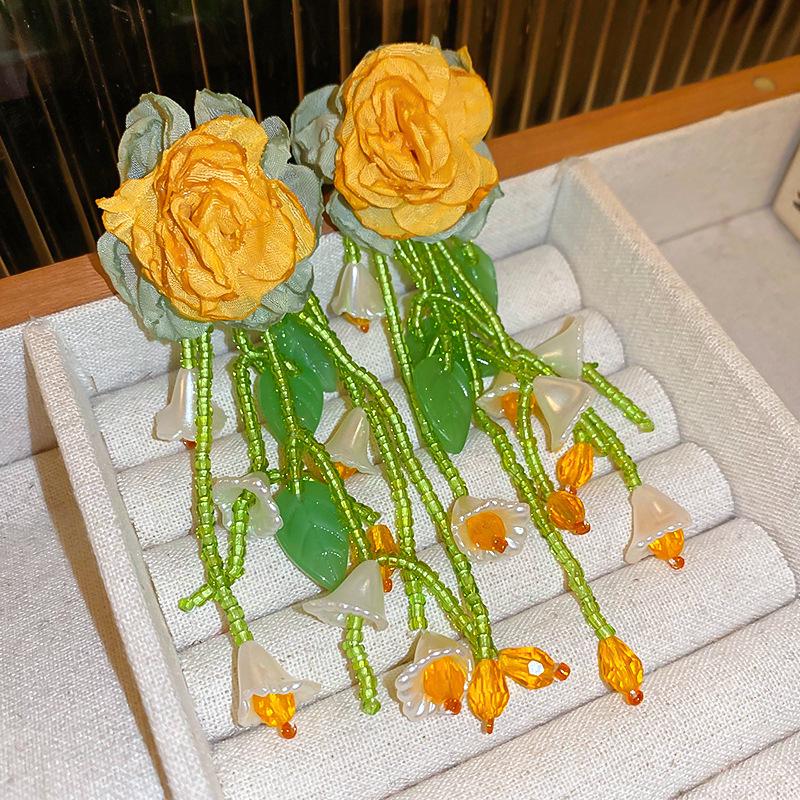 Silver Needle Heart Resin Flower Mesh Earrings: Luxurious, Sweet, Fresh, and Elegant Mori-Style Women's Jewelry