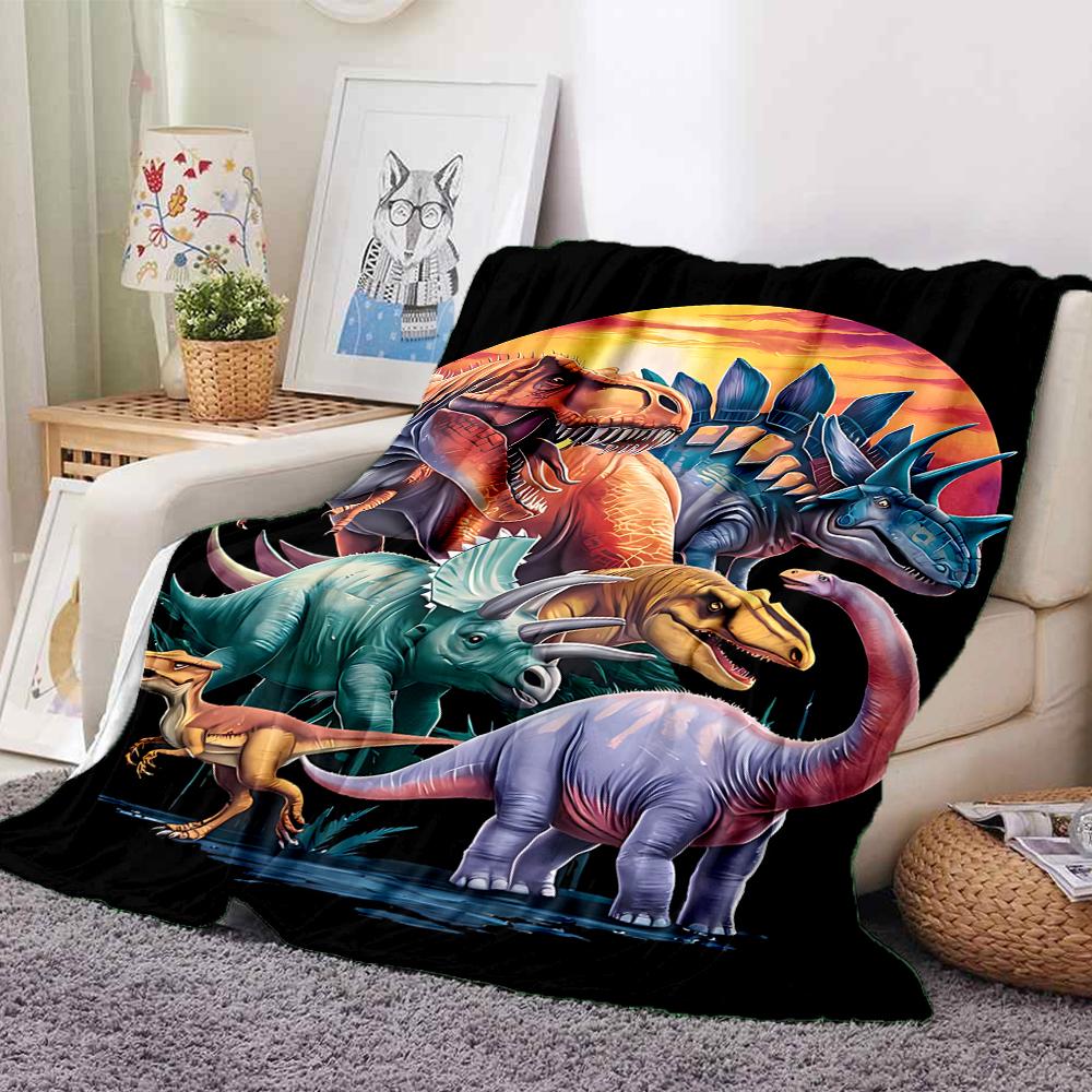 1Pc Dinosaur Sunset Adventure Flannel Blanket, Soft And Comfortable, Casual Warm, Camping Travel, Christmas, Halloween Xmas Gift. G1154