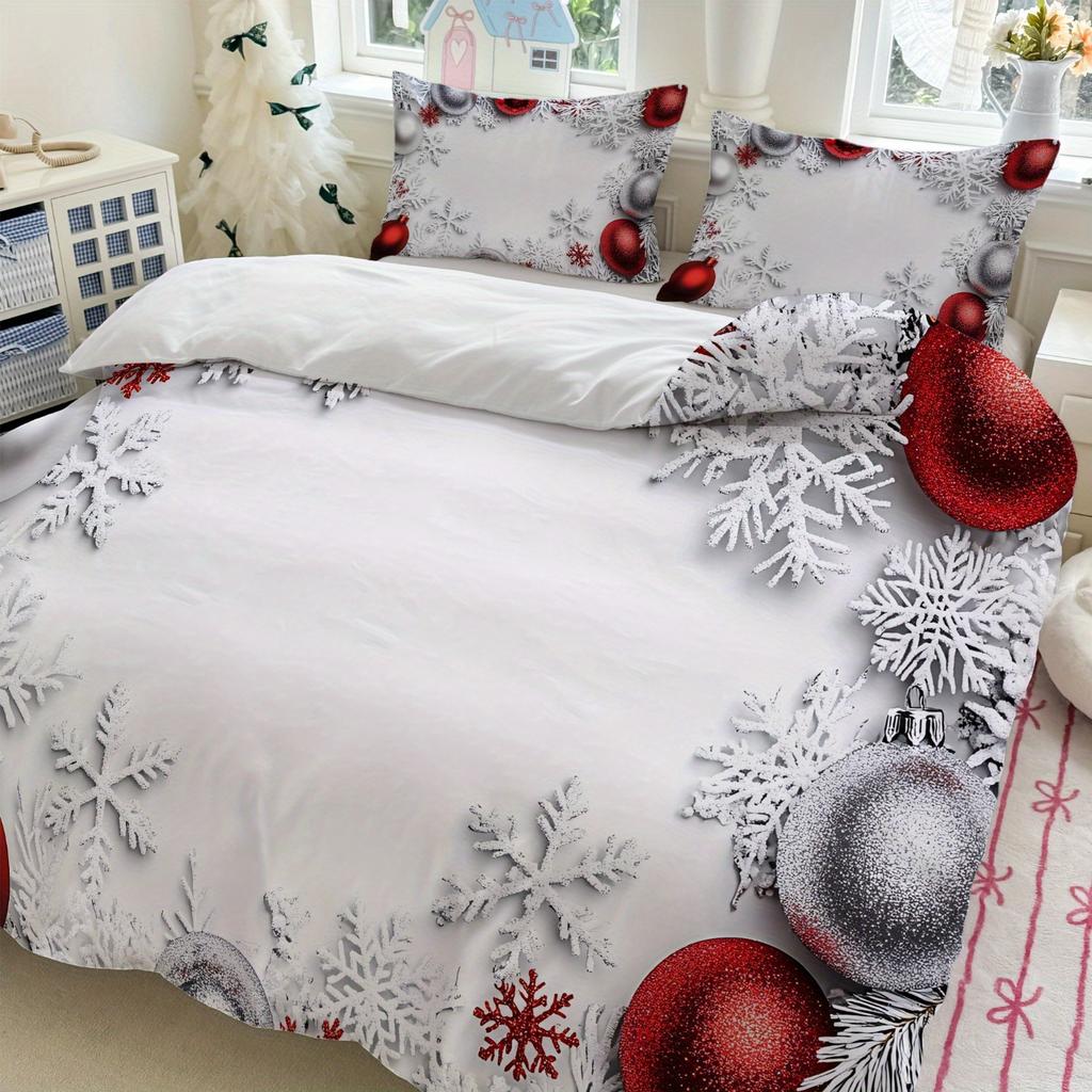 3pcs Christmas Snowflake Bedding Set White with Red and Silvery Ornaments (1Duvet Cover + 2Pillowcase, Without Core) for Winter