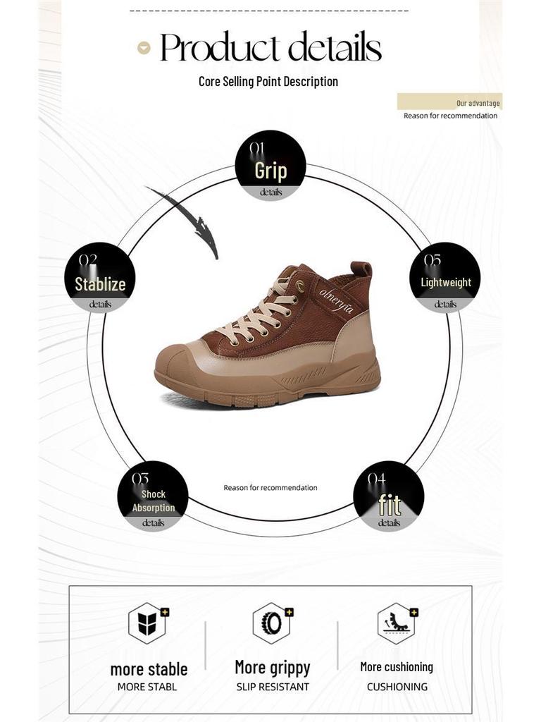 Golden Rabbit Genuine Leather High-Top Thick-Soled Women's Sneakers - 2025 Autumn/Winter Round-Toe Lace-Up Sports Casual Shoes.