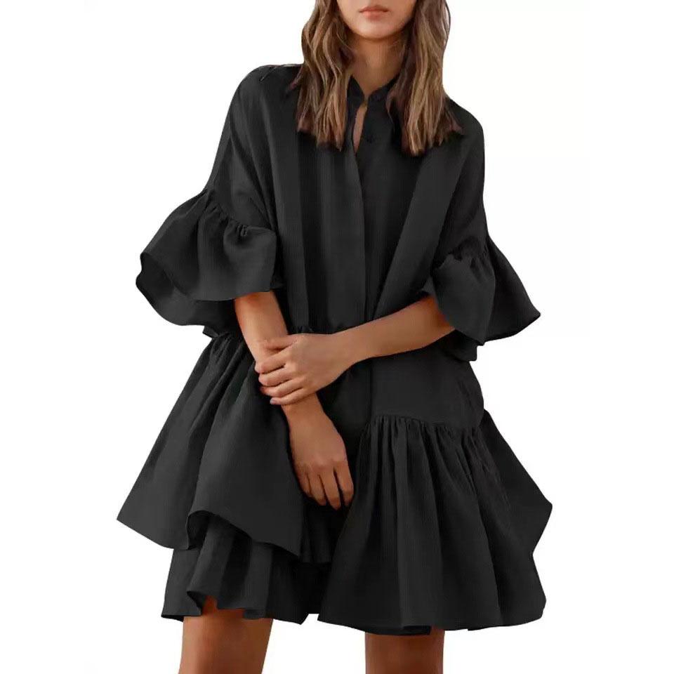 Sommer Einfarbiges Sonnenkleid Sexy Bindevorderteil Elastische Taille Gestuftes Rüschen-Layer Blumen Ballon Langarm Lockeres Kleid