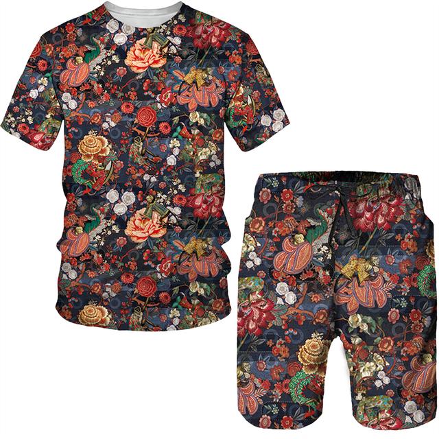Imprimare 3D cu model vintage pentru bărbați Set de tricouri cu mânecă scurtă de vară + pantaloni scurți pentru bărbați 2 buc ținută de cuplu Costum elegant hipster de streetwear
