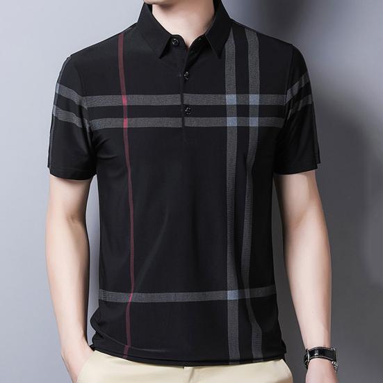 Camicia da uomo a righe a maniche corte con colletto alla coreana e fantasia dritta, T-shirt formale, Abbigliamento quotidiano