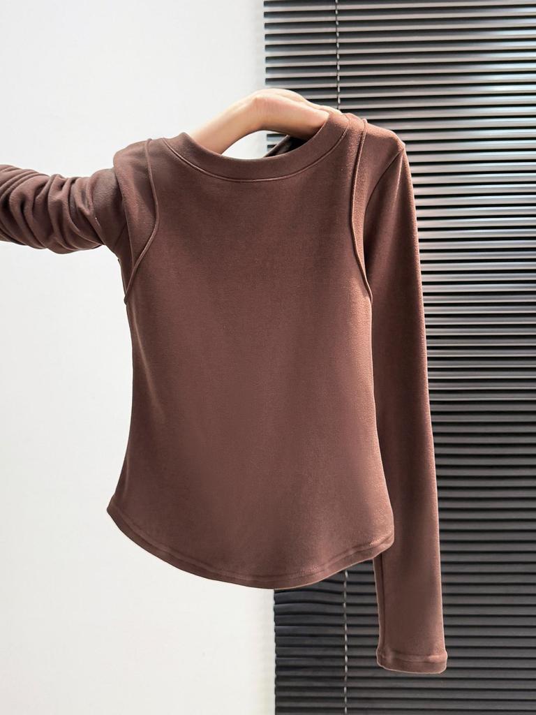 Women's Slim Fit Long-Sleeve White Plush Hem T-Shirt - Autumn/Winter Style