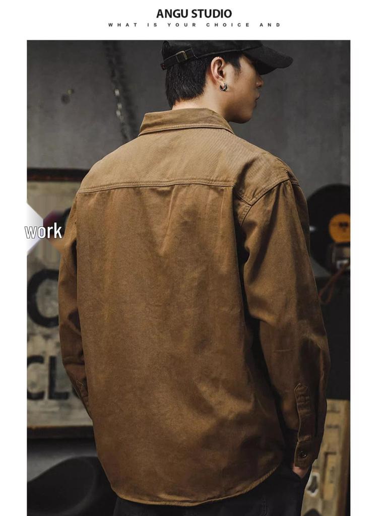 Men's 2025 Spring/Autumn American Workwear-Style Loose Japanese Retro Casual Long-Sleeve Shirt