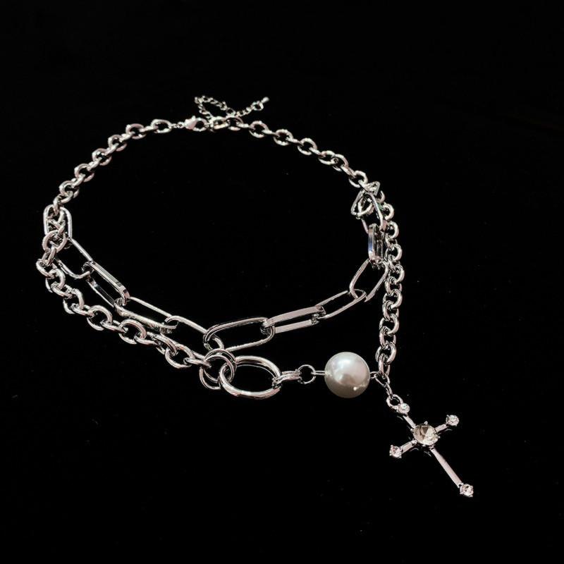 

Cross Diamond Pearl Splicing Double Clavicle Chain Men s and Women s Necklaces Tide Hip Hop Style Clavicle Chain Versatile