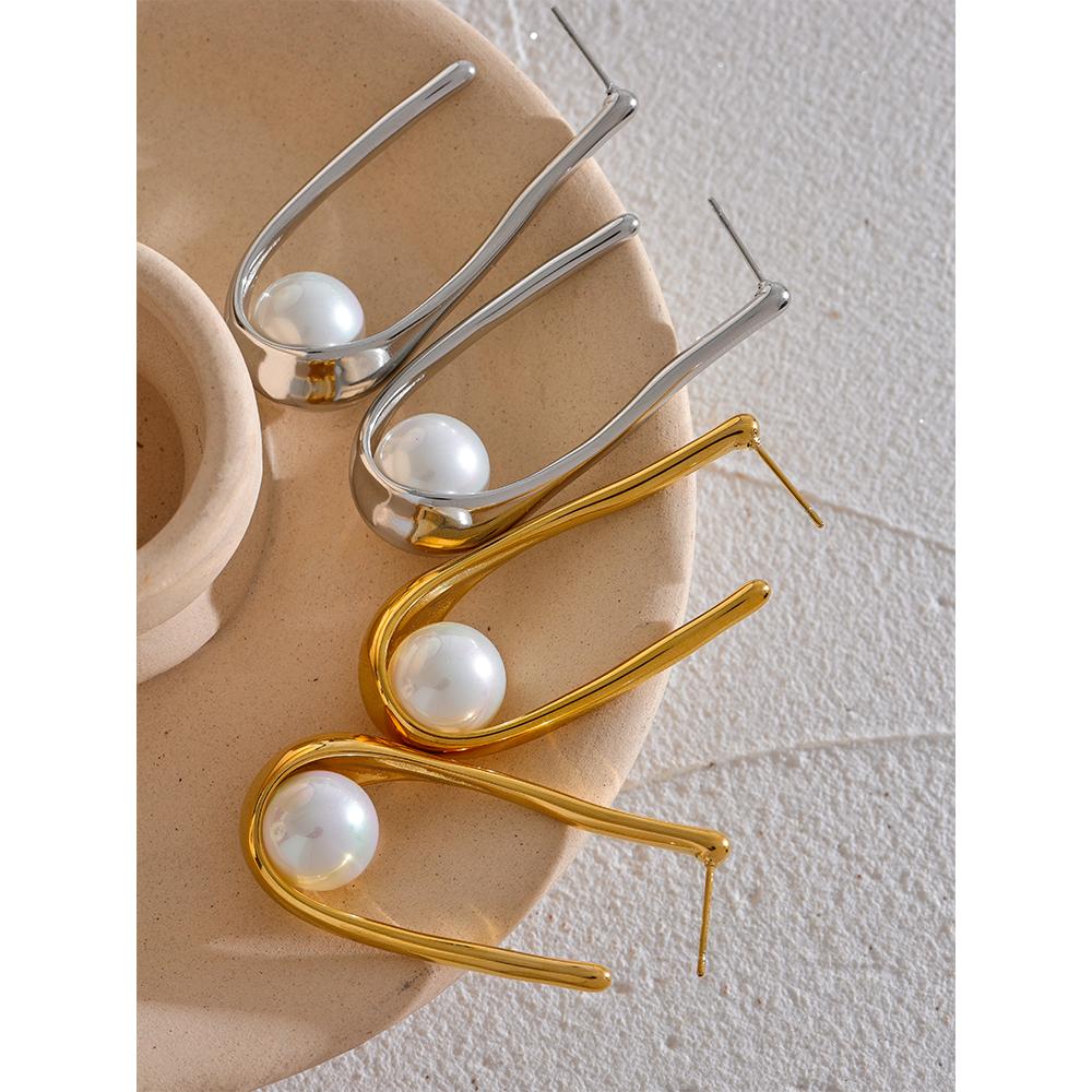 Yhpup Minimalist Stainless Steel Round Imitation Pearls Geometric Huggie Earrings Gold Silver Color Anti Allergic Jewelry Gift