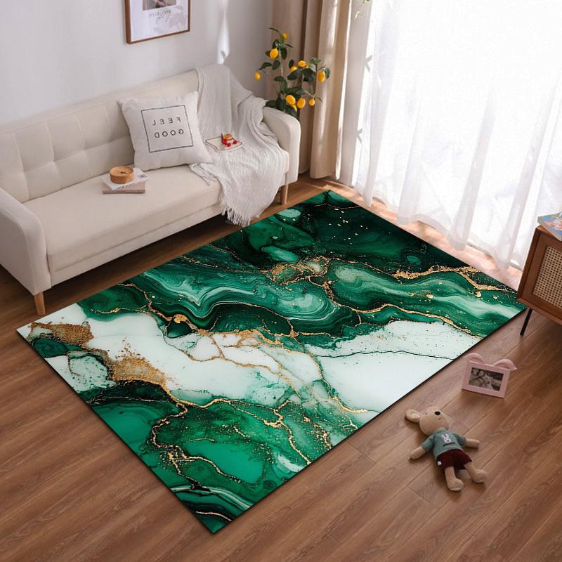 Green and Gold Marble Texture Decorative Rug Non-slip Rug Suitable for Living Room and Bedroom Sofas
