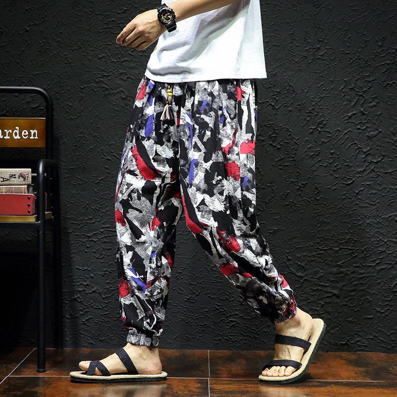 2023 Men's Autumn Cotton-Linen Floral Retro Large Size Slim-Fit Trousers