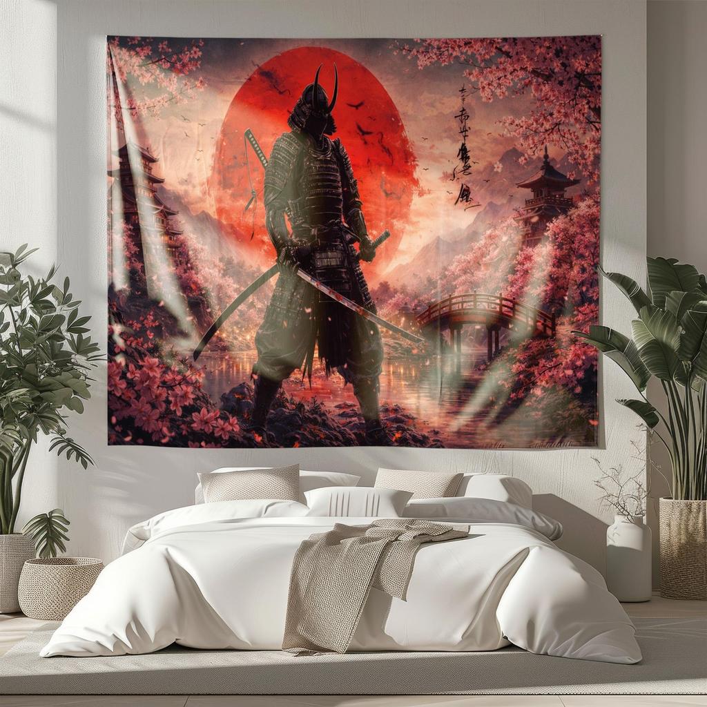 Samurai Tapestry Japanese Warrior Wall Art Sakura Moon Anime Decor