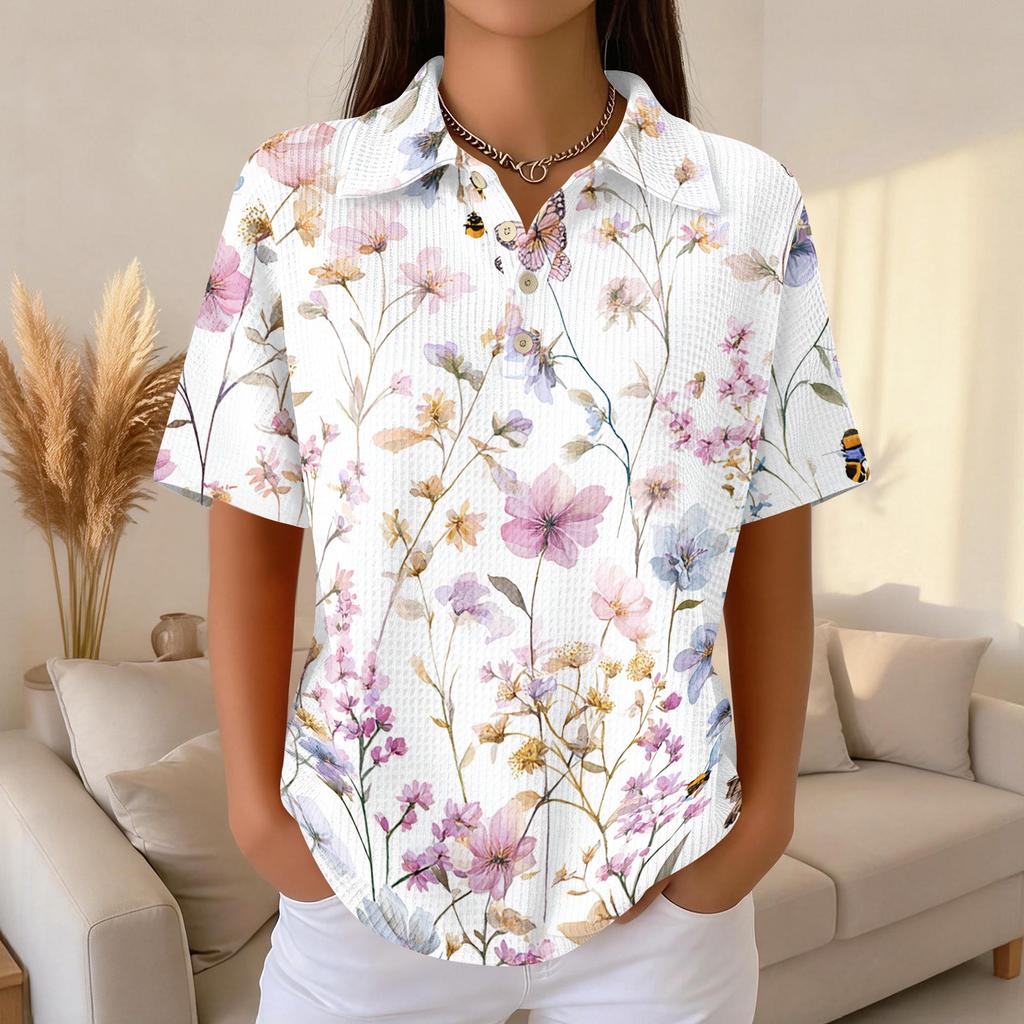 Women's Casual Short Sleeve Floral Print Waffle Knit Polo Shirt Relaxed Fit Button Down Collar Top for Everyday Wear