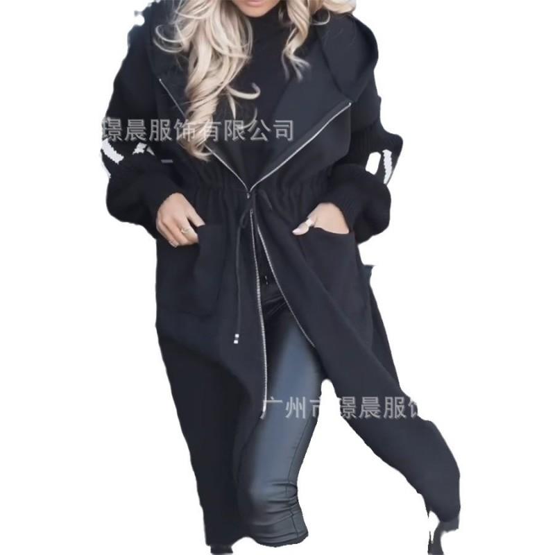 Damen Langer Kapuzen-Freizeitmantel mit Patchwork-Design Herbst Winter Lockerer Schnitt Wollmischung Oberbekleidung