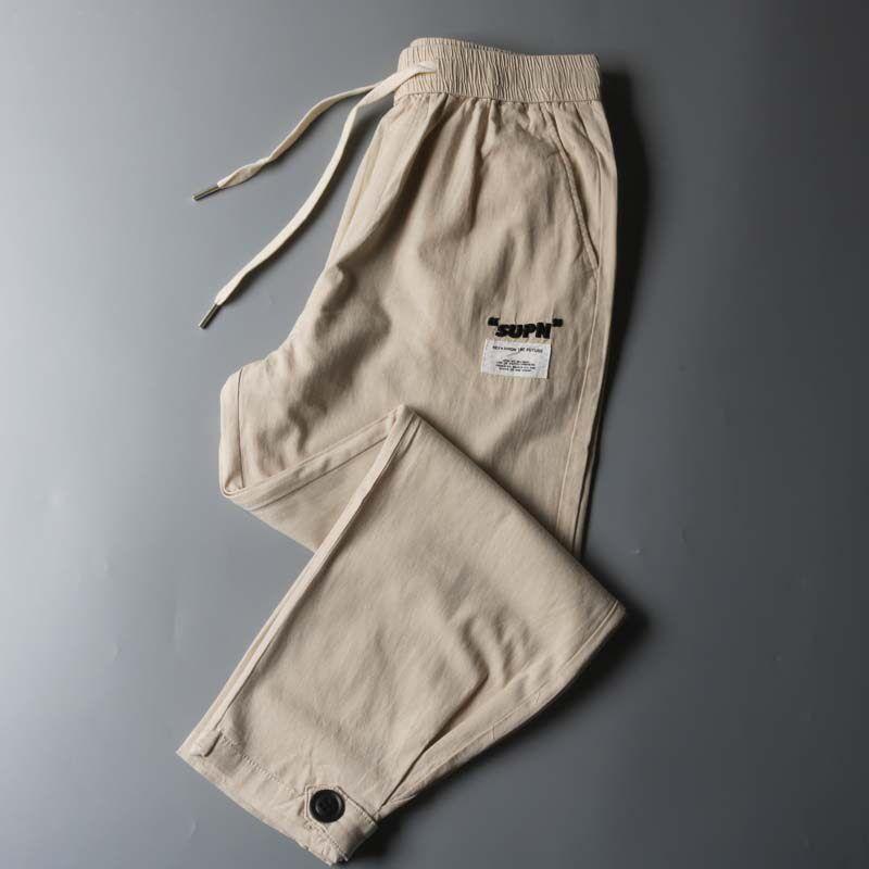 Clearance Export Surplus Casual Linen Pants, Loose Thin Men s Summer Cotton-Linen Pants, Breathable Straight-Leg Jogger Pants, Cropped Length Khaki 32