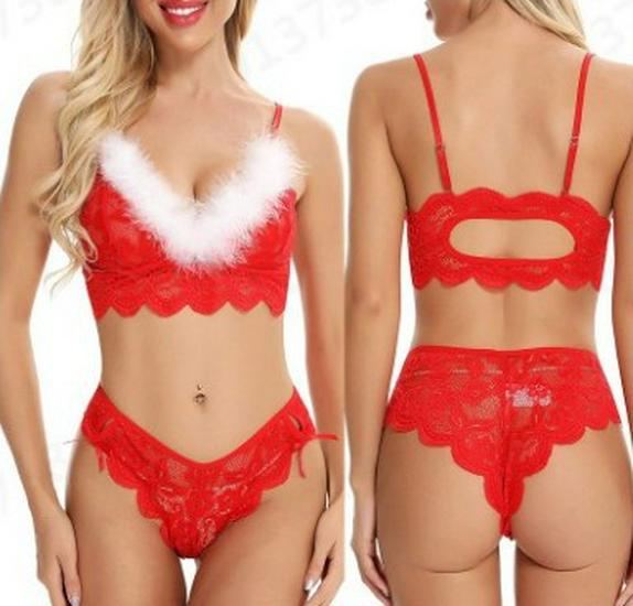 Festive Red Lace Lingerie with White Fur Trim - Camisole One-Piece