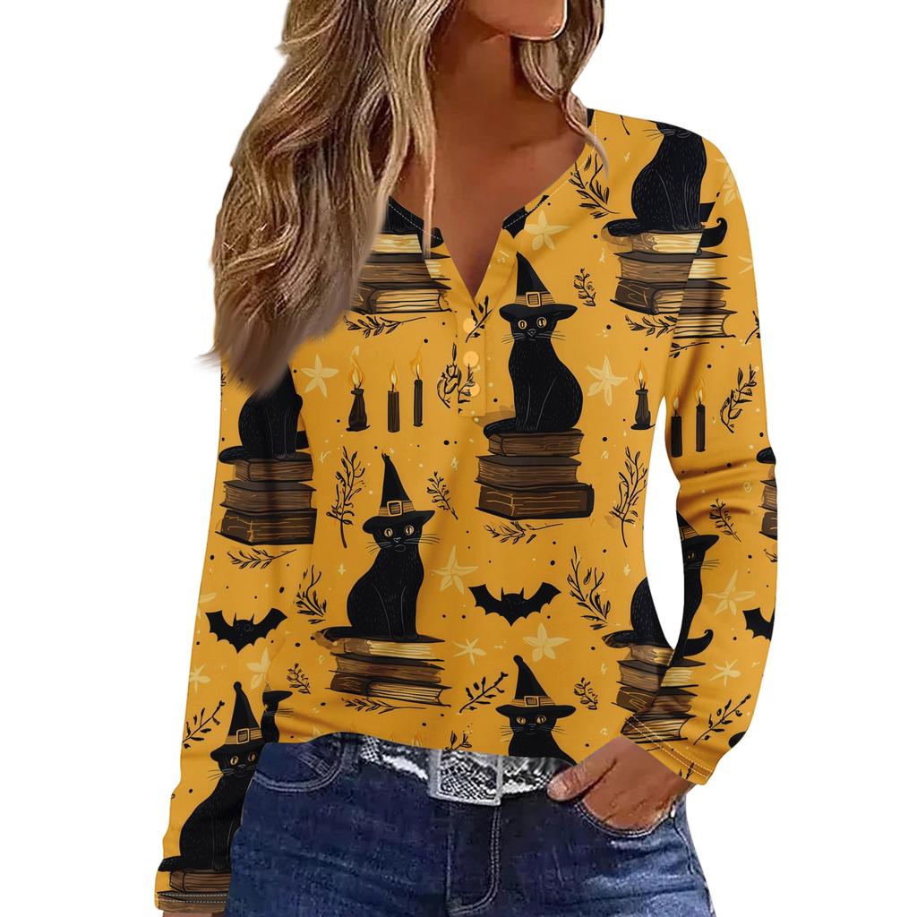 Women's Casual Long Sleeve T-Shirt with Halloween Print V-Neck Button for Parties