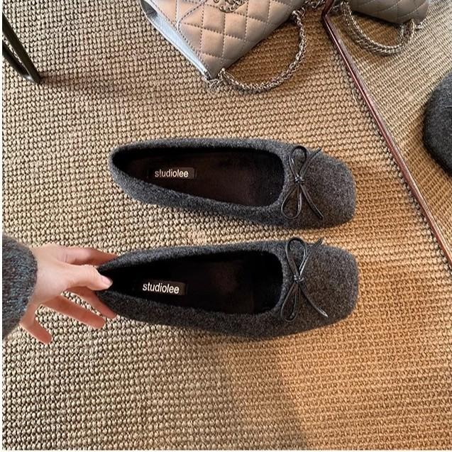 Wool version~ Grape mother has the same versatile autumn and winter bow plush warm shallow mouth ballet single shoes for women's autumn and winter