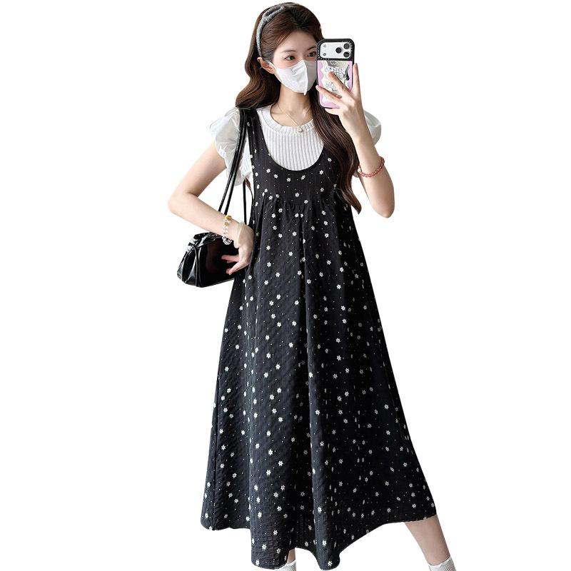 Gentle Black Floral Print Maternity Dress & Loose T-Shirt Set for Summer 2026