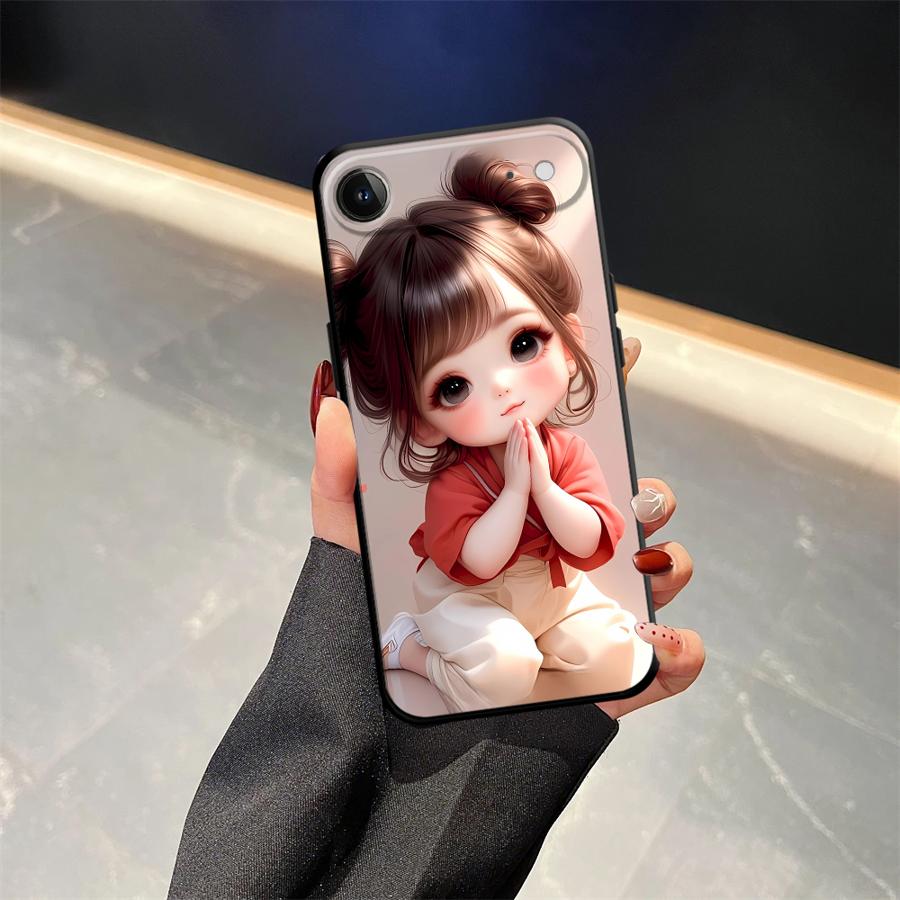 Cartoon Girl Pattern Case for iPhone XS Max XR 13 12 11 17 Pro Max 7 8 17Air 15 16 14 Plus Black Soft Phone Cover