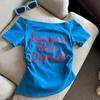 Women's Retro Off-the-Shoulder Short-Sleeve T-Shirt, Summer 2025, Ruched Waist Slimming Trendy Top