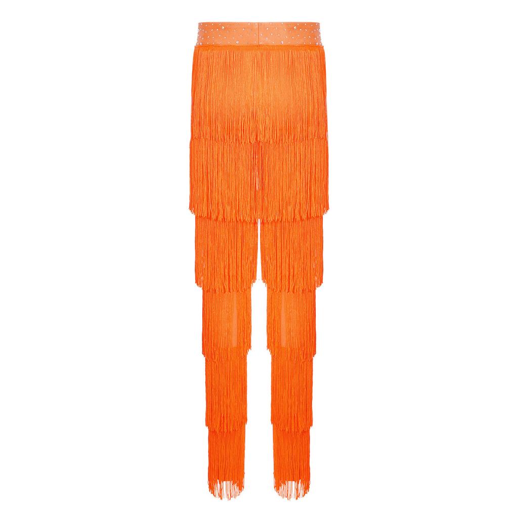 Girls Latin Dance Fringe Pants Elastic Waistband Tiered Tassels Trousers Samba Rumba Cha Cha Salsa