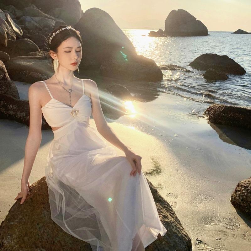 Seaside Vacation White Hollow Suspender Dress, Beautiful and Unique Gentle Temperament Waist Backless Word Long Dress