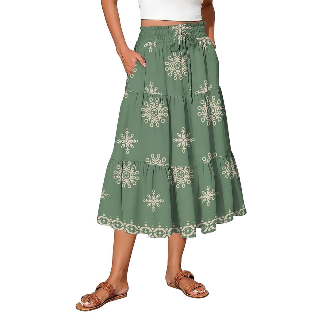 Womens Maxi Skirt Drawstring High Waisted Summer Long Skirts Lightweight Tiered Flowy Floral Pleated Skirts