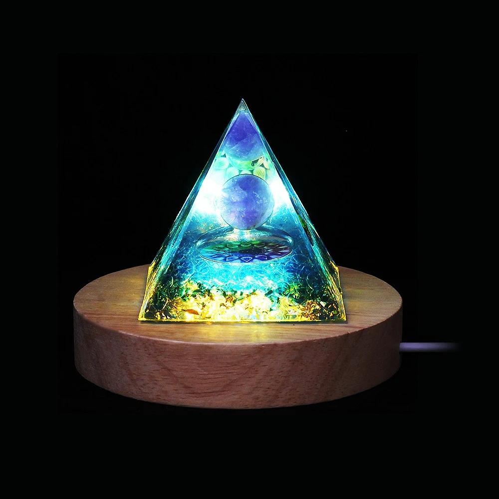 Pyramid Orgonite + Led Lamp Base 5Cm Crystal Stones Amulet 5Cm Hx14