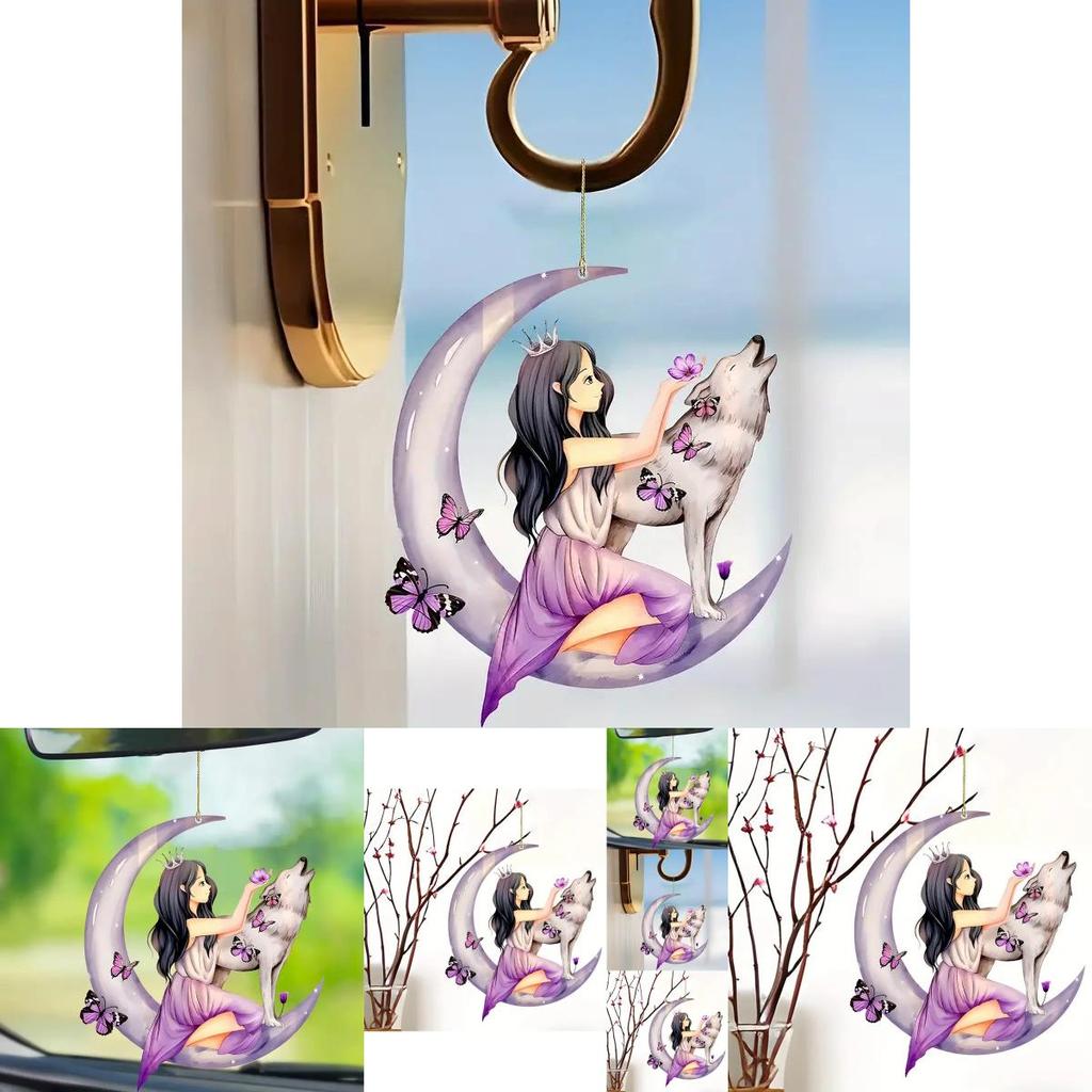 Bunter Acryl Cartoon Floral Mond Mädchen Wolf Schmetterling Autoanhänger Für Einzigartigen Auto-Stil