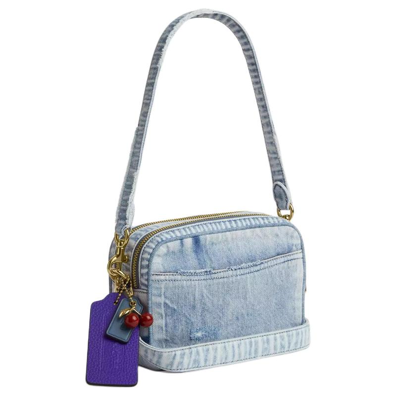 COACH Carey 18 Cherry Charm Contrast Leather Brand Metal Accessories Denim and Smooth Leather Shoulder Bag Small Women's Gold and Light Indigo