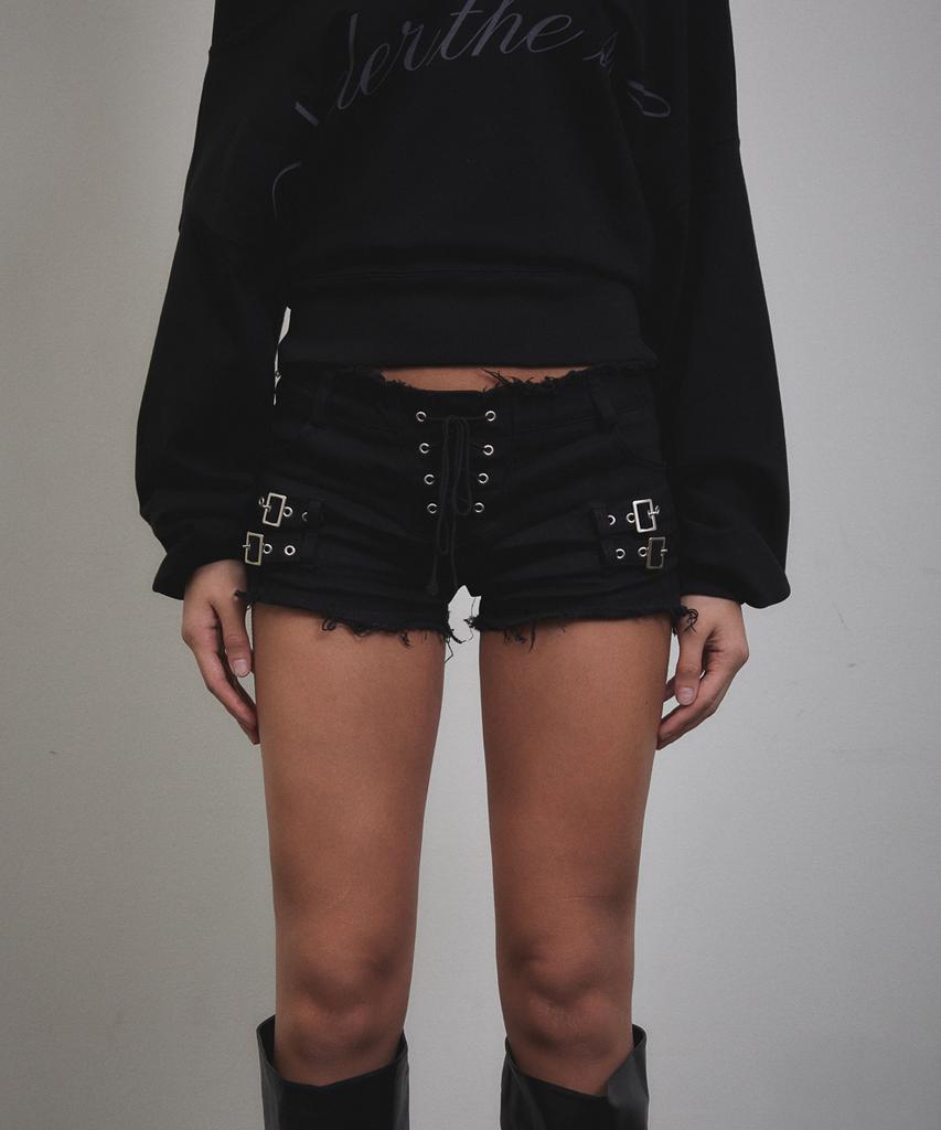 Bunteu Eyelet Buckle Micro Shorts (Black)