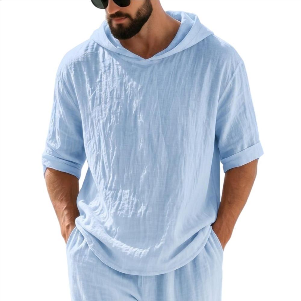 Men's Short Sleeve Hoodie, Lightweight Hooded T-Shirt with Texture, Casual Summer Streetwear Top for Men