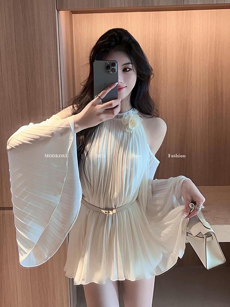 MODKOKU Chiffon French Mori Long Size L Women's Open-Shoulder Dress, Gathered, Off-the-Shoulder, Sheer, Princess-Style, Cute, Wedding, Beautiful,