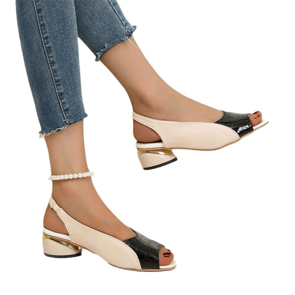 Fashion cool women's shoes leather color matching fish mouth shoes middle heel thick heel shoes back empty word belt