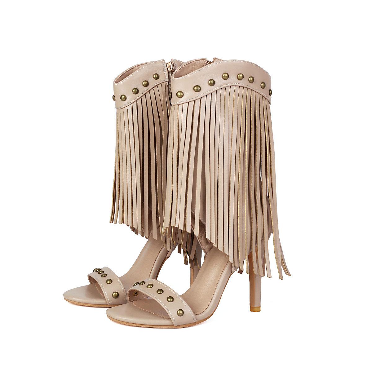 

Women s Fringe Sandals Summer Mid Calf Boots Stiletto Rivets Decor Sexy Thin High Heels Shoes 34 абрикосовый