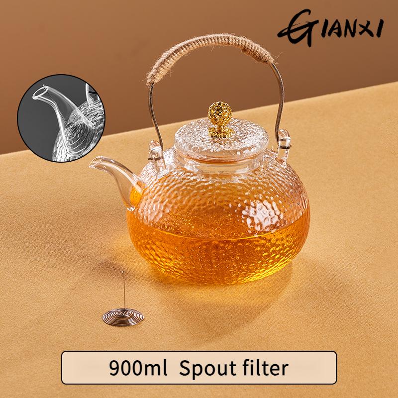 GIANXI Cam Demlik Seti Çin Evi Büyük Kapasiteli Misafir Ağırlama Kung Fu Demlik Seti Çekiç Tasarımı Dokuma Kenevir Halat Saplı Çaydanlık