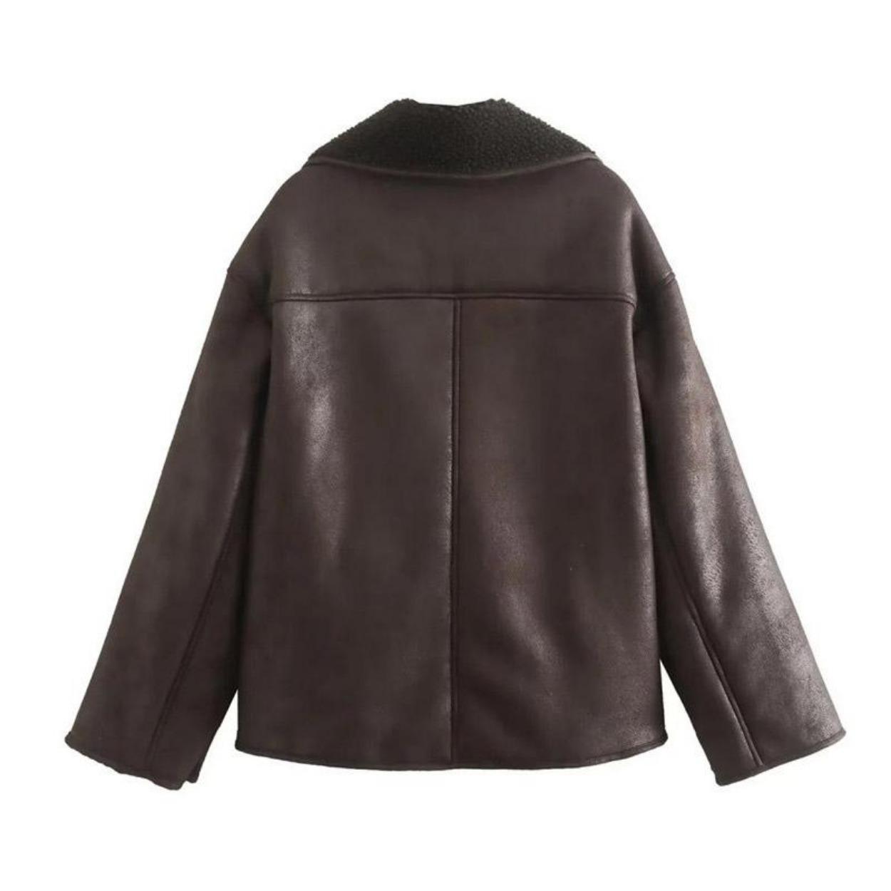 Толстая искусственная кожа овечья шерсть куртка женская осень зима лацкан однобортное — фото 7