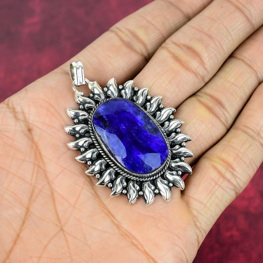 Blauer Saphir Anhänger, handgefertigter Edelstein Anhänger, 925 Sterling Silber Anhänger Antiker Schmuck, Verlobungsgeschenk