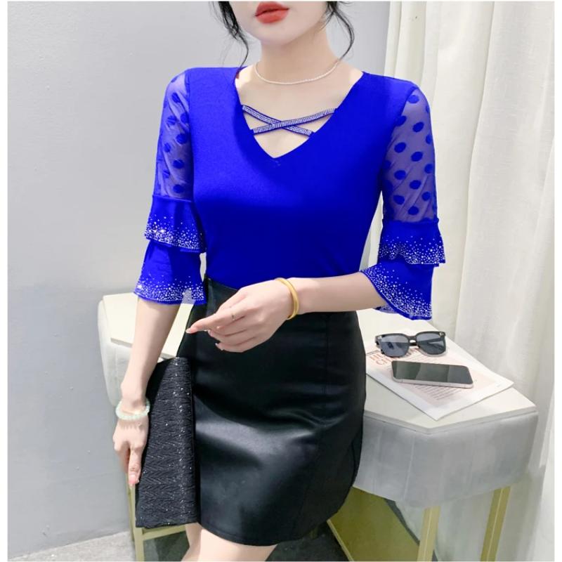 Summer European Clothes New Sexy V-neck Mesh T-shirt Hot Diamonds Women's Tops Fashion Flare Sleeve Tees