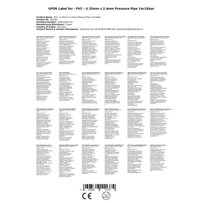 PVC Pipe 32mm Pressure, PVC-U Tube 1m PN16 Grey