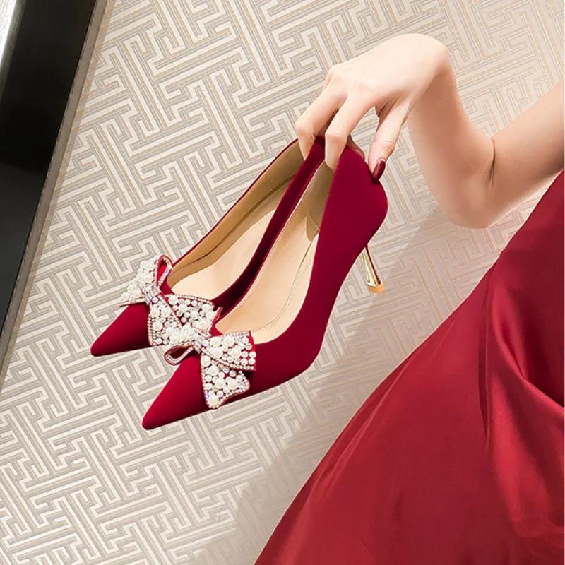 Fashion Pearl Pumps Women 2024Spring Wine Red Metal High Heels Wedding Shoes Woman Sexy Pointed Toe Pumps Ladies High Heels Women Shoes