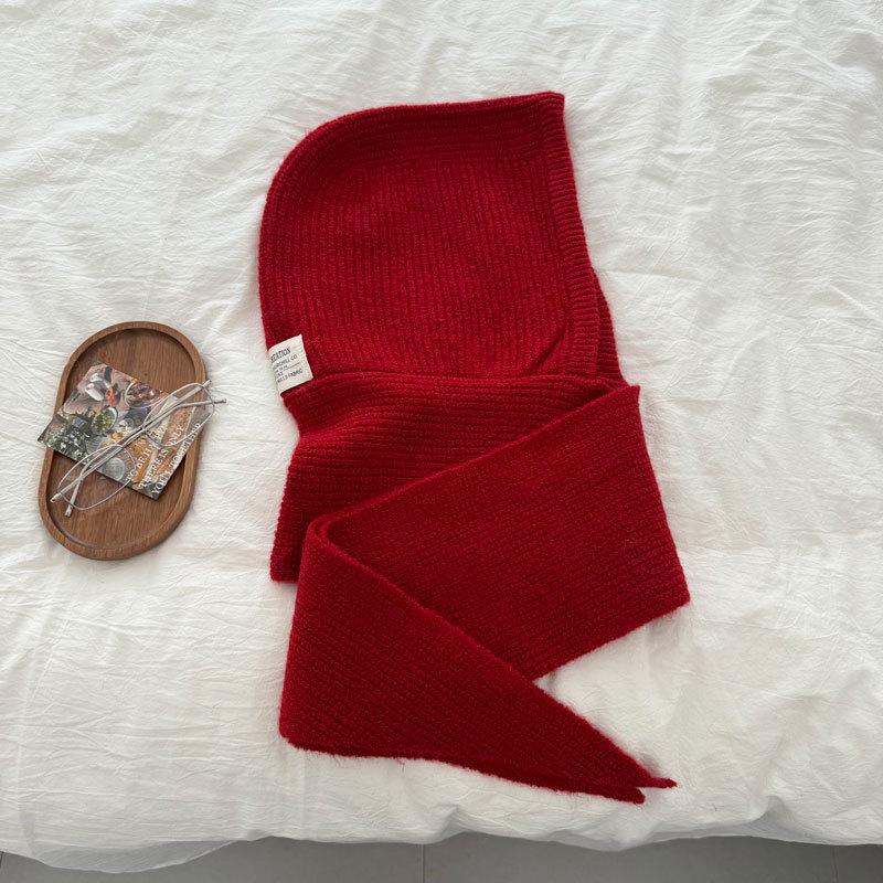 

Шарф с капюшоном и шапка в корейском стиле: Ветрозащитный, Теплый, Вязаный для осенне-зимнего велоспорта. красный