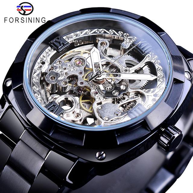 Forsining Mode transparent Retro männer Automatische Mechanische Uhr Top Marke Luxus Volle Goldene Leucht Hände Skeleton Uhr