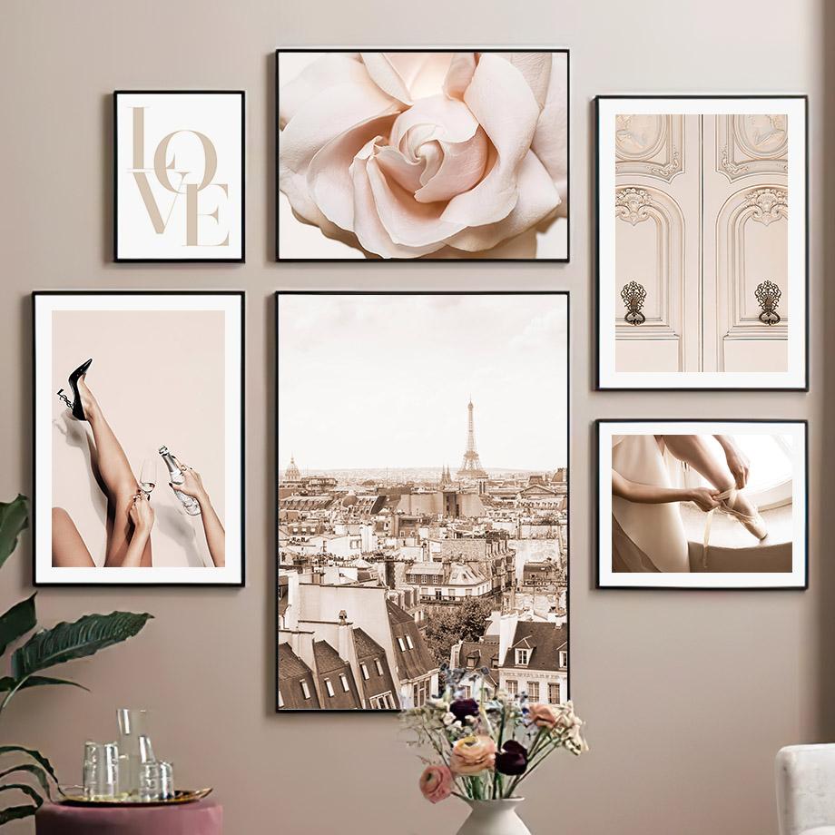 Wall Art Beige Paris Vintage Building Champagne Flower Fashion Girl Living Room Decor Canvas Painting Posters And Prints Picture