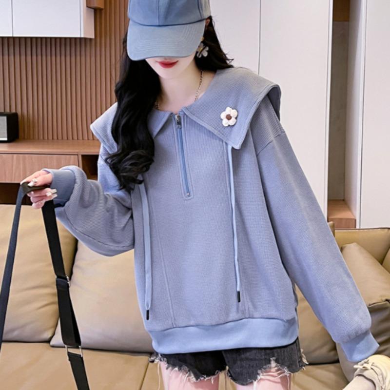 Frühling Neuer Damen Waffel Marine Kragen Dünner Langarmpullover