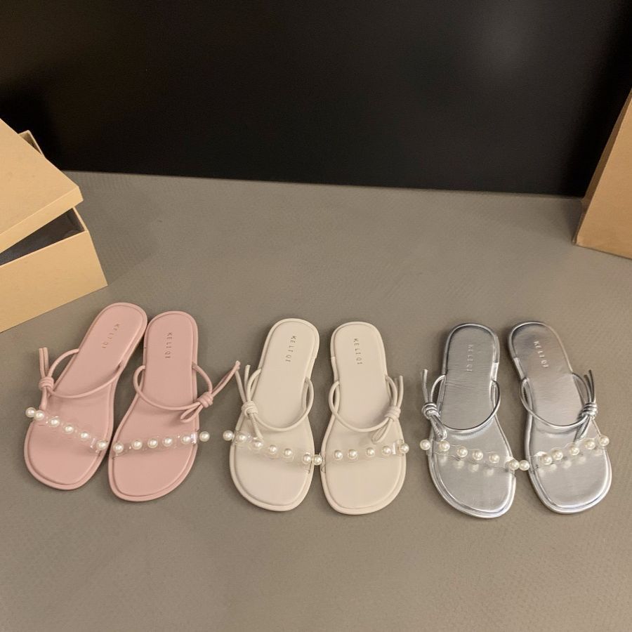Flat-bottomed French small sandals transparent belt slippers fairy shoes 2025 new summer outer wear pearl sandals