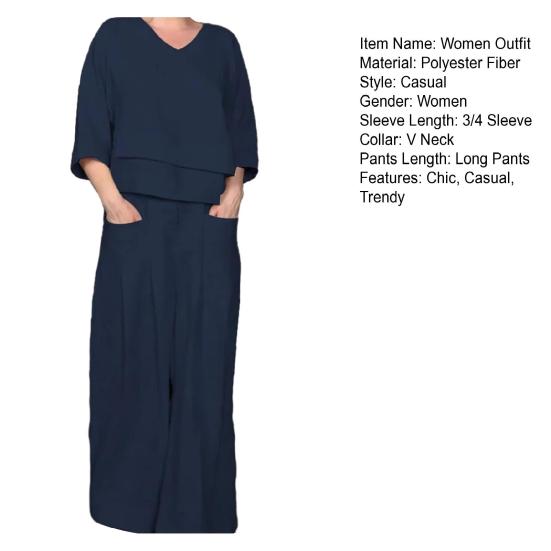Women Summer Loose 2 Piece Outfits Casual 3/4 Sleeve V Neck Top And Wide Leg Pants Lounge Sets with Pockets